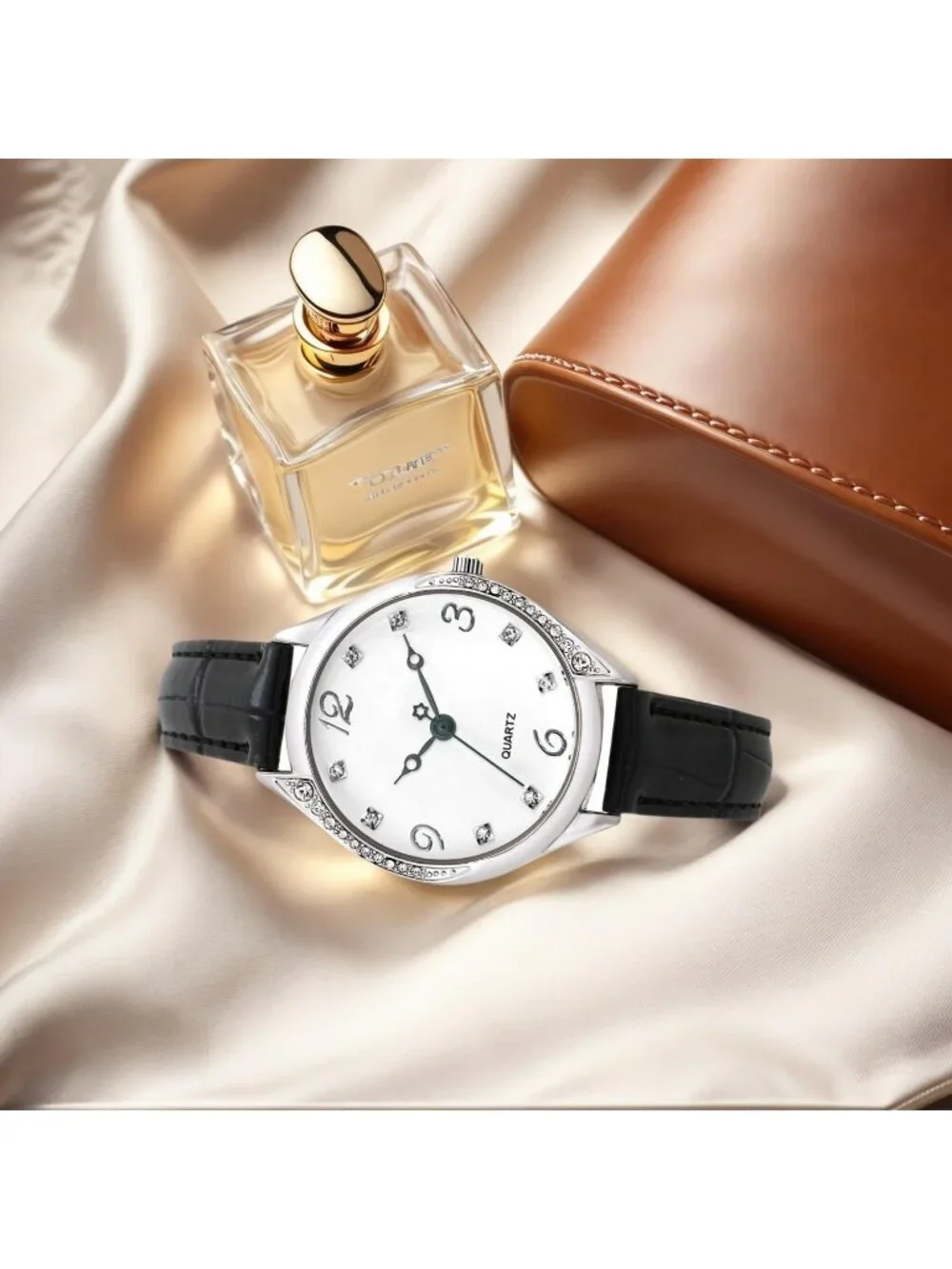 Women's Silver Analog Quartz Leather Band Crystal Rhinestone Bezel Wrist Watch
